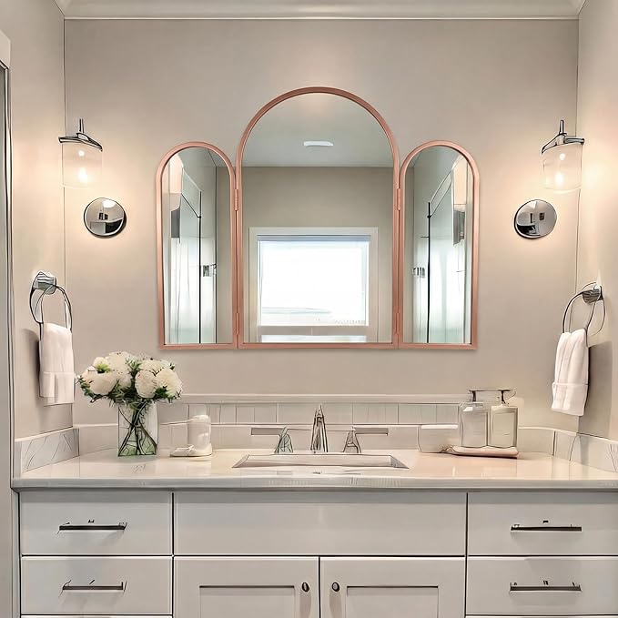 Wonderjune Trifold Vanity Mirrors 3 Way, 30 x 37 in Adjustable Arch Trifold Mirror for Bathroom Bedroom, Decorative Folding 3 Sided Mirror Wall Mounted for Braiding Hair Makeup(Rose Gold)