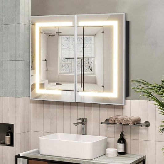 ROOMTEC Lighted Medicine Cabinet with Mirror 40"x32", Wall Mounted Bathroom Mirror with Storage, 2 Doors Bathroom Wall Cabinet with LED Lights,Silver