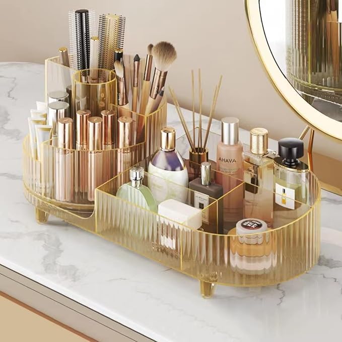 Roating Makeup Organizer for Vanity, Large Capacity Cosmetic Display Case, Clear Acrylic Countertop Beauty Storage Holder for Skincare, Brush Eyeshadow Lipstick, Counter Desk, Crystal Amber