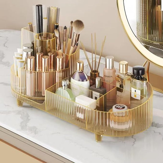 Roating Makeup Organizer for Vanity, Large Capacity Cosmetic Display Case, Clear Acrylic Countertop Beauty Storage Holder for Skincare, Brush Eyeshadow Lipstick, Counter Desk, Crystal Amber