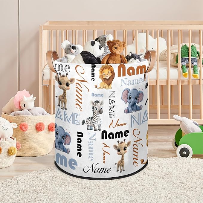 Custom Elephant Zebra Giraffe Lion Laundry Hamper, Personalized Laundry Baskets with Handles Dirty Clothes Hamper Storage Basket