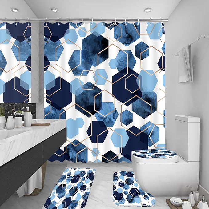Muuyi 4Pcs Navy Blue Geometric Shower Curtain Set, Neutral Modern Art Deco Shower Curtain with Hooks, Elegant Trendy Simple Bathroom Sets with Shower Curtain and Rugs, 71 * 71in
