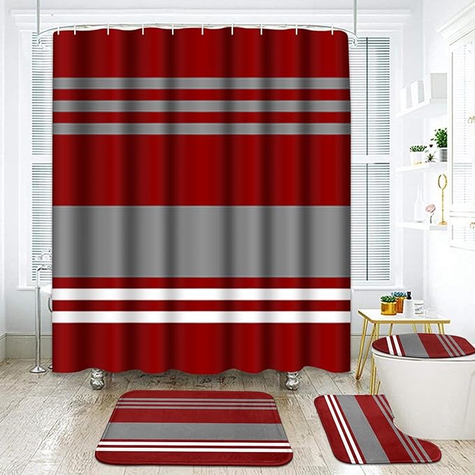 ArtSocket Burgundy Stripes Bathroom Set with Shower Curtain and Rugs Accessory, Grey Line Vintage Abstract Beautiful Shower Curtain for Bathroom Decor 4 Pcs