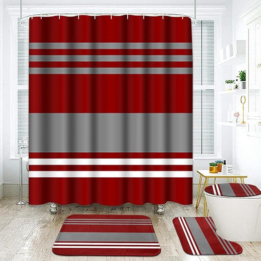 ArtSocket Burgundy Stripes Bathroom Set with Shower Curtain and Rugs Accessory, Grey Line Vintage Abstract Beautiful Shower Curtain for Bathroom Decor 4 Pcs