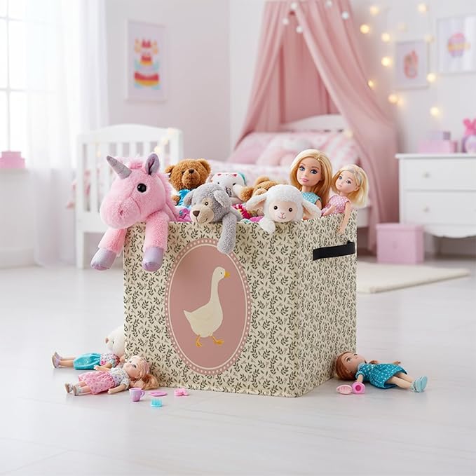 Goose Girl Nursery Storage Bin Box with Handles, Pink Goose Cottagecore Floral Foldable Baskets Organizer for Kids Girls Room Nursery Bedroom Bathroom Home Clothes Toys Books