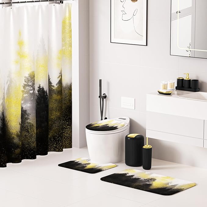 Black and Gold Bathroom Accessories, Bathroom Sets with Shower Curtain and Rugs, Bath Rugs Accessory Set with Bathroom Trash Can, Soap Dispenser, Soap Dish for Home Decor