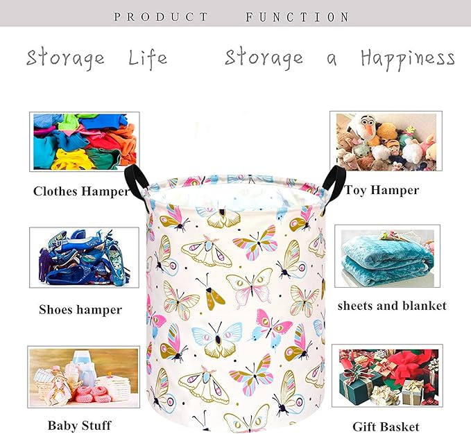 KUNRO Round Spring Butterfly Laundry Gift Basket Storage Hamper, Clothes Storage Organizer Bins, Shelf Basket with Handles for Room Decor