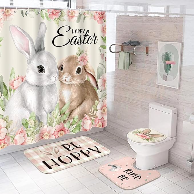 Rtteri 4 Pcs Easter Shower Curtains for Bathroom, Easter Bathroom Decor with Non-Slip Rugs Toilet Lid Cover and Bath Mat Bunny Curtain Decor Set with 12 Hooks(Bunny)