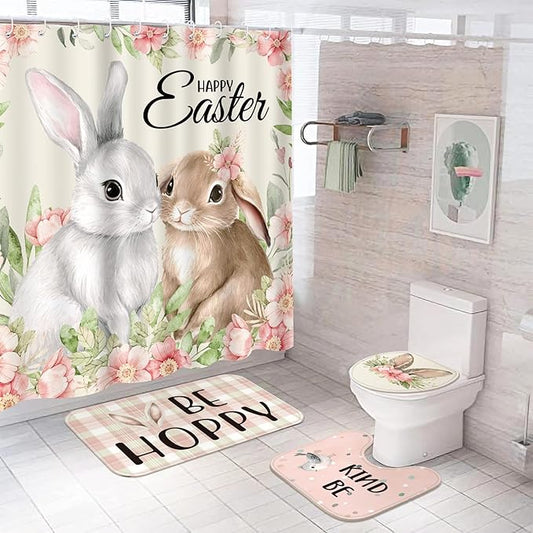 Rtteri 4 Pcs Easter Shower Curtains for Bathroom, Easter Bathroom Decor with Non-Slip Rugs Toilet Lid Cover and Bath Mat Bunny Curtain Decor Set with 12 Hooks(Bunny)
