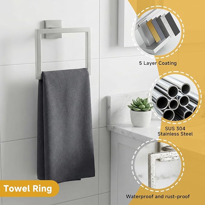 5 Piece Bathroom Towel Bar Set - SUS304 Stainless Steel Brushed Nickel Bath Towel Holder, 16 Inch Towel Racks for Bathroom Wall Mounted, Bathroom Hardware Accessories Set