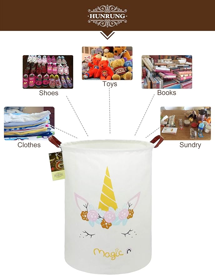 HUNRUNG Laundry Hamper,Large Canvas Fabric Lightweight Storage Basket Toy Organizer Dirty Clothes Collapsible Waterproof for College Dorms, Children Bedroom,Bathroom (Round-Magic-Unicorn)