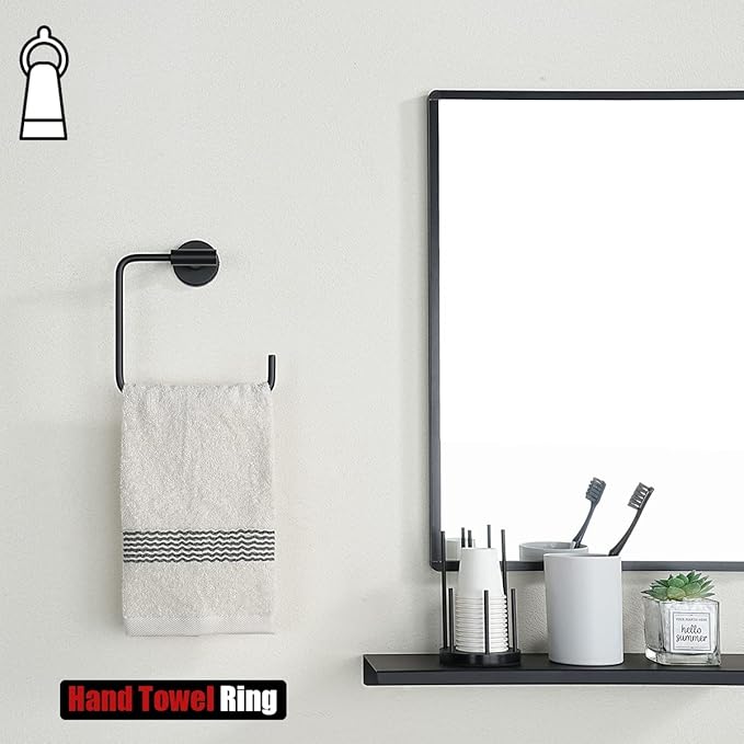 JQK Black Towel Ring, Stainless Steel Square Ring Towel Holder for Bathroom, 6 Inch Matte Black Wall Mount, TR140-PB