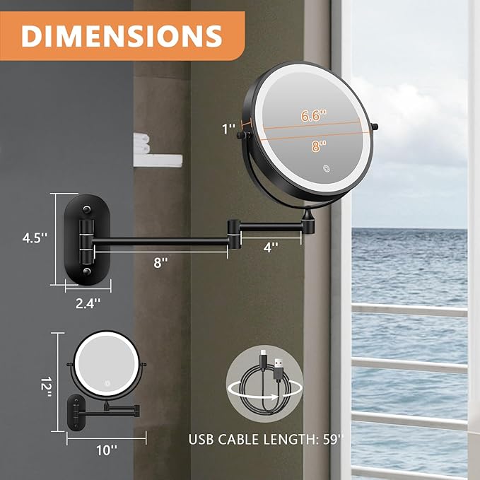 Auxmir 8'' Wall Mounted Lighted Makeup Mirror, 3200mAh Rechargeable Double-Sided 1X/20X Magnifying Mirror with Light, Touch Dimmable 3 Color Light, 360° Rotation Foldable Extended Arm, Black