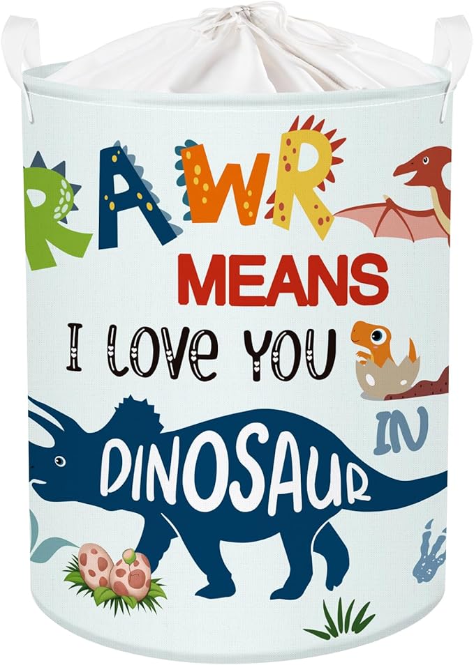 Dinosaur Laundry Hamper Large Storage Basket Cartoon Dino Collapsible Parents Organizer Kids Toy Clothes Bins for Bedroom, Bathroom, Boho Words, 63L