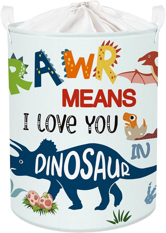 Dinosaur Laundry Hamper Large Storage Basket Cartoon Dino Collapsible Parents Organizer Kids Toy Clothes Bins for Bedroom, Bathroom, Boho Words, 63L