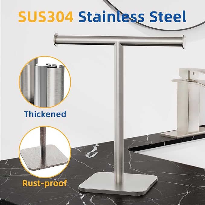 RUACQ T-Shape Hand Towel Holder Stand, 12inch Weighted Base Towel Rack, Countertop Towel Holder for Bathroom, 304 Stainless Steel, Heavy Duty (Brushed Nickel)