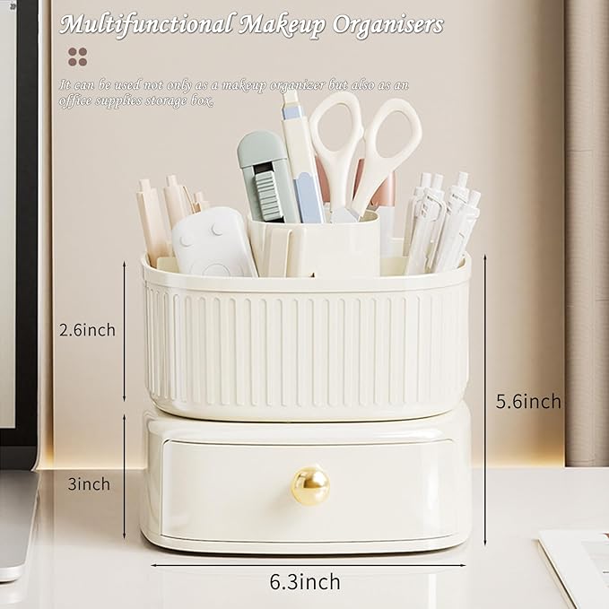 360 Rotating Makeup Brush Holder, 5 Slots Makeup Desk Organizer, Cosmetic Display cases With drawer, Makeup Organizer for Vanity, Bedroom Decor, Bathroom Organizer