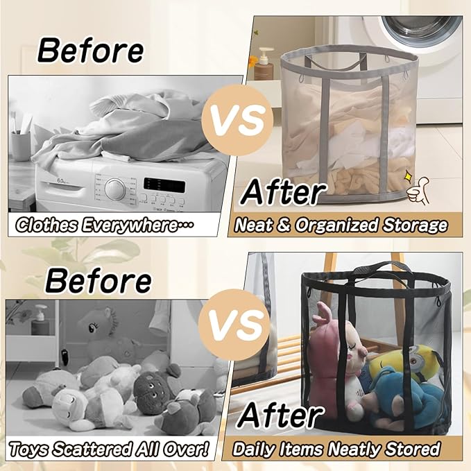 Collapsible Laundry Basket, Mesh Bag with Handles, Foldable Laundry Bag, Breathable Folding Beach Bag,Space-saving Tote Bags for Laundry, Bathroom, Dorm or Travel (Black, 45L)