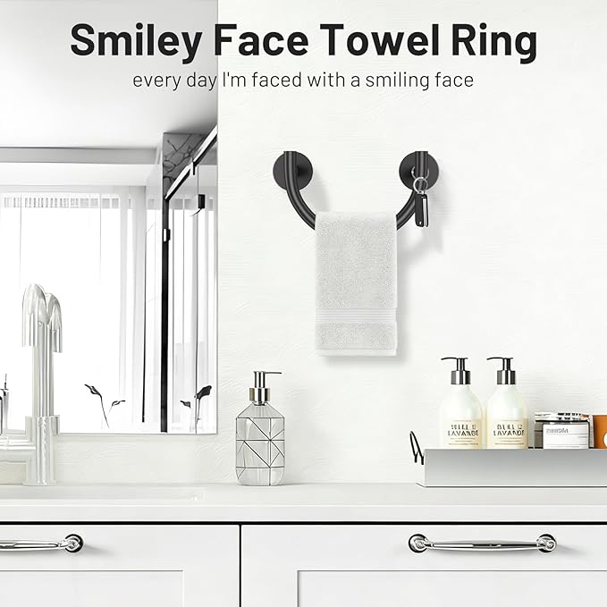 TNOMS Black Smiley Face Towel Ring Bathroom Hand Towel Holder Stainless Steel Wall-Mounted Bathroom Hardware Accessories Towel Rack