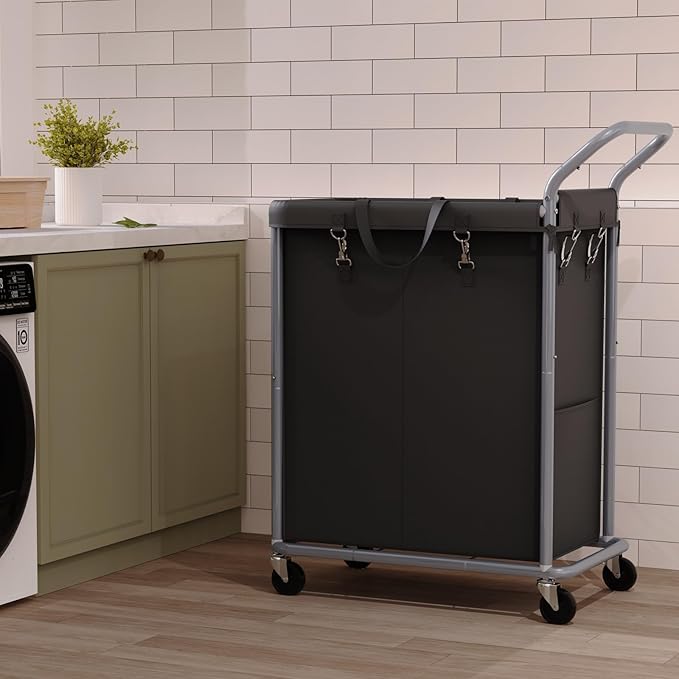 Laundry Hamper 2 Section, Rolling Laundry Basket with Wheels, Laundry Cart with Removable Liner, 37 Gallons (140L) Clothes Hamper, Blanket Dirty Clothes Basket Steel Frame with Handle(Black)