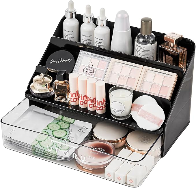 3-Tier Perfume and Cologne Organizer Stand with Large Detachable Drawer, Makeup Organizer for Vanity, Display Riser Plastic Storage Shelf, Bathroom, Office, Black