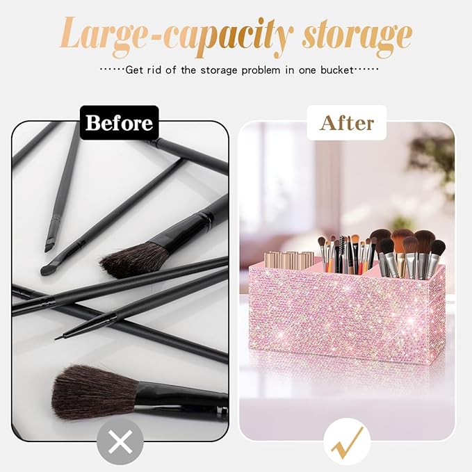 Bling Makeup Brush Holder Organizer, 3 Slot Sparkle Cosmetics Brushes Storage Holders with Shiny Rhinestones, Glitter Cute Pen and Pencil Holder for Desk, Eyeliners Display Case for Vanity???Pink???