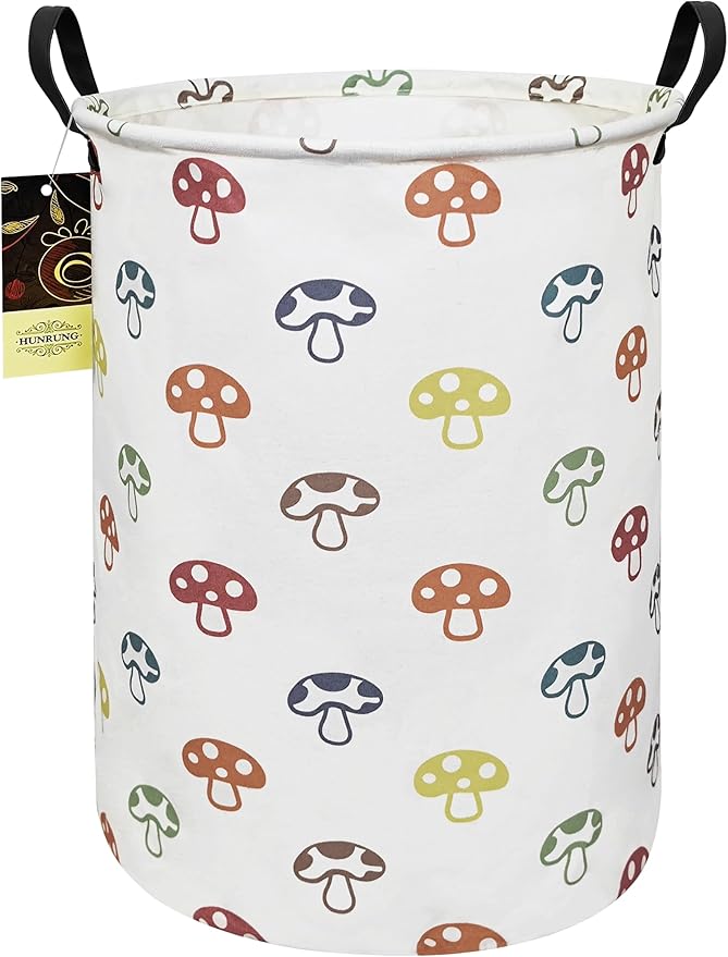 HUNRUNG Laundry Hamper,Large Canvas Fabric Lightweight Storage Basket Toy Organizer Dirty Clothes Collapsible Waterproof for College Dorms(Round-Color Mushroom)