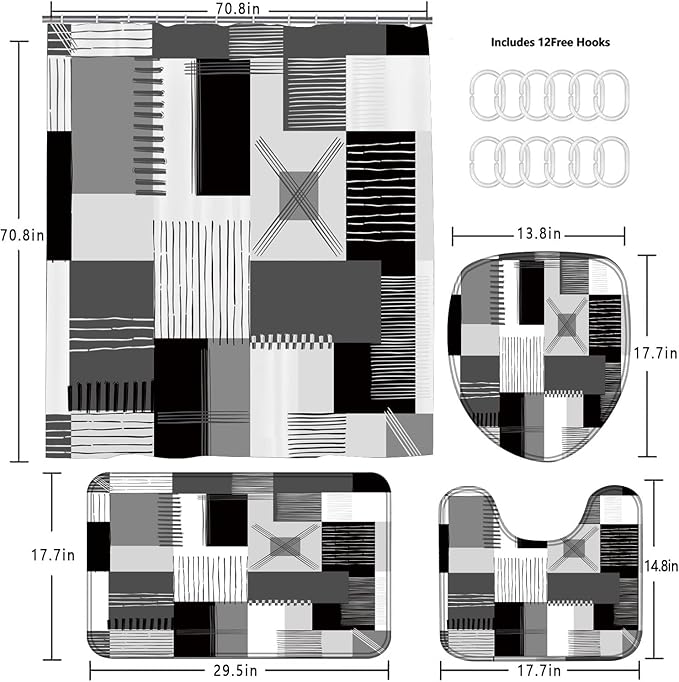 All Smiles Black Shower Curtain Sets with Non-Slip Rugs,Toilet Lid Cover and Bath Mat,White and Gray Bathroom Decor Set Accessories Waterproof Shower Curtains