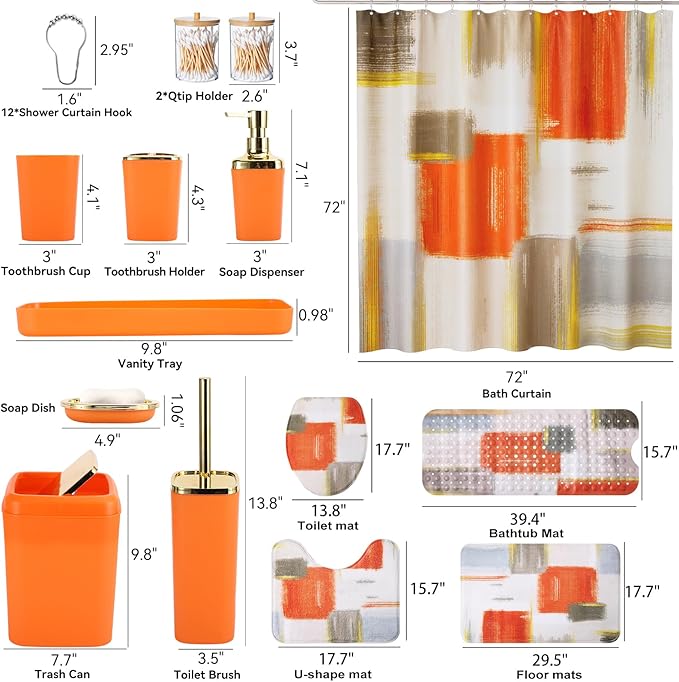 XLHOMO Bathroom Accessories Set - 26PCS Orange Bathroom Set, Bathroom Accessory Set with Shower Curtain and Rugs and Bathtub Mats for Home