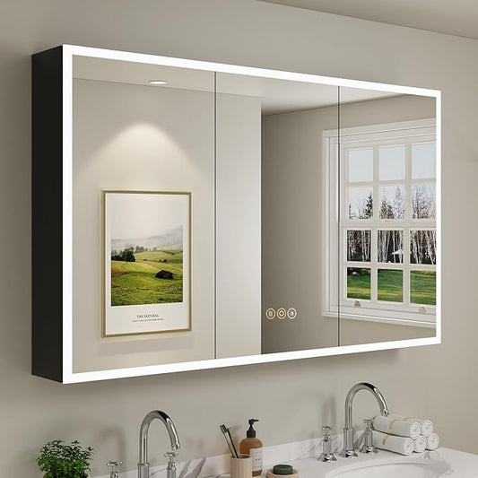 Buruis 60 x 32 Inch Medicine Cabinet with LED Lights and Mirror, Recessed/Wall Mounted Bathroom Cabinet, 3-Color Light, Defogger, Memory Function, Outlet & USB, Dimmer, Black