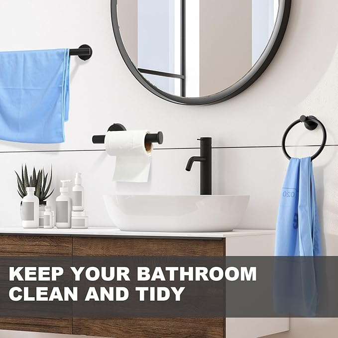 Blulu 28 Pcs Bathroom Hardware Set Stainless Steel Bathroom Accessories Set, Including 16'' Bath Towel Bar, Towel Rings, Robe Hooks, Toilet Paper Holders, Wall Mounted (Matte Black)