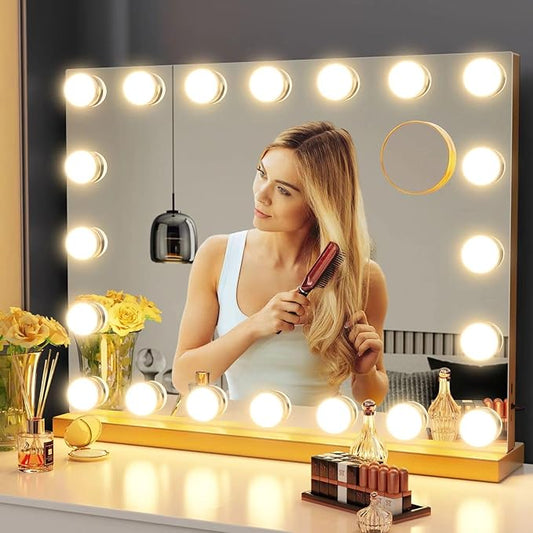 Gvnkvn Vanity Mirror with Lights, 22.8WX18.2L Tabletop Hollyhood Makeup Mirror with USB & Type-C Charing, Hollywood Lighted Mirror with 20 LED Bulbs,Touch Control,Metal Frame,Gold