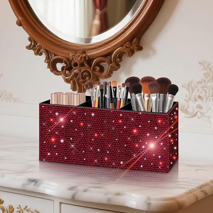 Bling Makeup Brush Holder Organizer, 3 Slot Sparkle Cosmetics Brushes Storage Holders with Shiny Rhinestones, Glitter Cute Pen and Pencil Holder for Desk, Eyeliners Display Case for Vanity???Wine Red???
