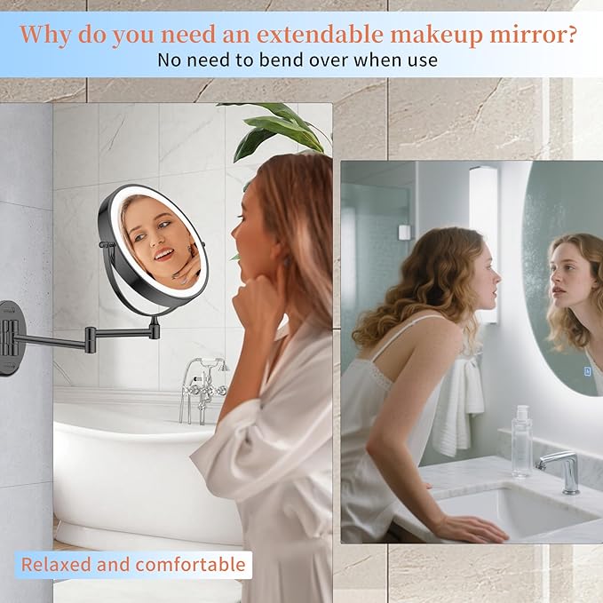 FUNTOUCH 5000mAh Rechargeable Wall Mounted Makeup Mirror with Lights, 8.7" Double Sided 1X/30X Magnifying Mirror with Dimmable 3 Color Light, Extended Swing Arm 360° Wall Mount Bathroom Mirror, Black