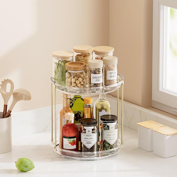 Delamu Rotating Makeup Organizer for Vanity, 2 Tier Skincare Organizer for Bathroom Counter, Spinning Perfume Organizer Cosmetic Holder with Large Capacity, Clear