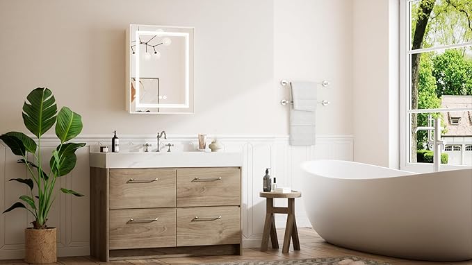 TETOTE White Led Lighted Bathroom Medicine Cabinet with Mirror 20 x 26 Recessed or Surface Mount Metal Framed Medicine Cabinet with Lights, Tempered Glass, 3 Color Dimming, Anti-Fog, 2 Outlets