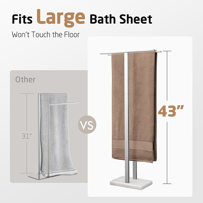 KES 43'' H Standing Towel Rack for Bathroom, Free Standing Towel Rack Floor with Weighted Marble Base 2-Tier, Outdoor Towel Racks Extra High Thick 18/8 Stainless Steel Brushed Finish, BTH232-2