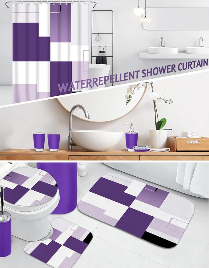 Lnond Purple Bathroom Set, 22-Piece Purple Geometic Bathroom Decor Set with with Shower Curtain and Rugs, Trash Can, Toilet Brush Holder Set & Soap Dispenser