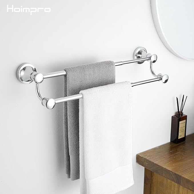Hoimpro Adjustable Retractable 15-27 Inches Stainless Steel Bathroom Towel Bar, Bathroom Accessories Bath Hotel Double Towel Bar Rod Hanger Wall Mounted Towel Holder Towel Rack, Polished Chrome