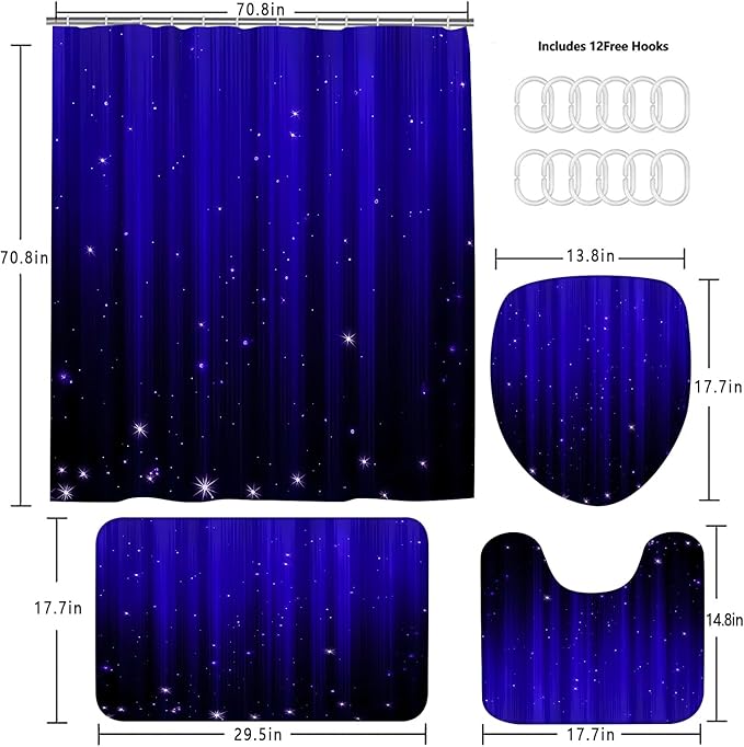 Yddsky 4 Pcs Blue and Black Shower Curtain Sets Non-Slip Rugs Bath Mat Toilet Cover, U-Shaped Mat, Gradient Shower Curtain with 12 Hooks, Modern Abstract Bathroom Set Bathroom Decor