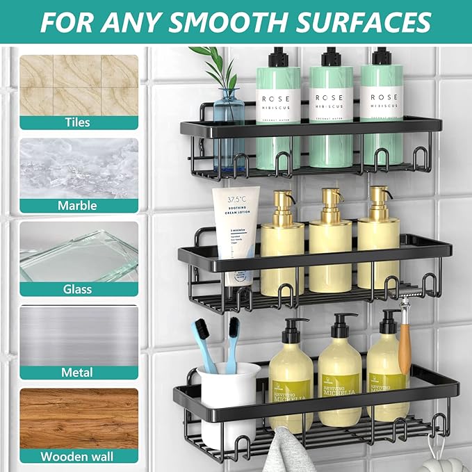 Cusbus Shower Caddy, 3 Pack Organizer, Adhesive No Drilling Traceless Shelves, Rustproof SUS304 Stainless Steel Bathroom Shelf for Inside & Kitchen Storage (Black)