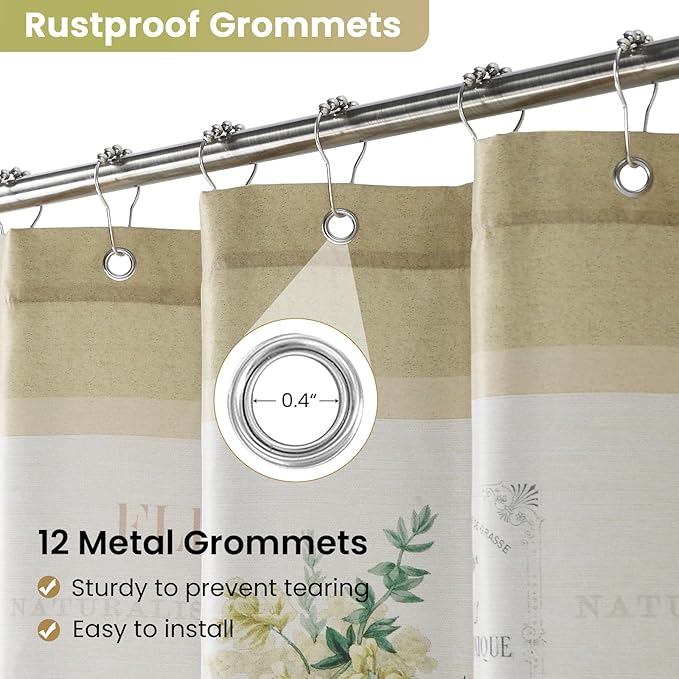 Extra Long Fabric Shower Curtain, Country Vintage Floral Shower Curtain, Gold and Green Flower Shower Curtains for Bathroom, Waterproof Bathroom Curtains, 72" W x 84" H