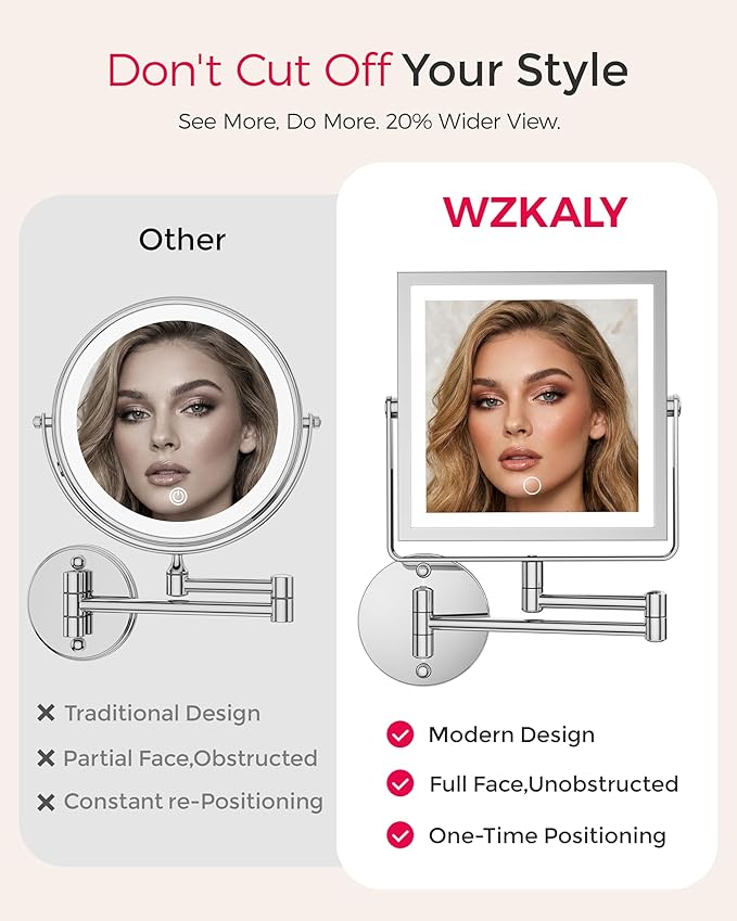 Rechargeable Wall Mounted Makeup Mirror with Lights, 4000mAh Double Sided 1X/10X Magnifying Vanity Mirror with 3 Color Lights, Touch Dimmable, 360° Extension Foldable Arm (Chrome)