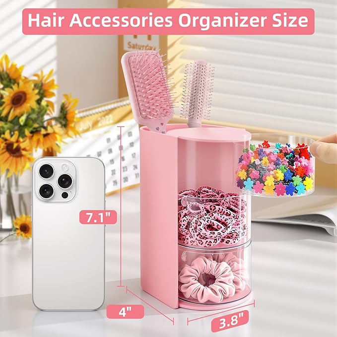 neotidy Hair Accessories Organizer with Hair Brush Holder, Rotating Hair Tie Product Organizer for Girls, 3-Tier Makeup Brush Holder for Clips, Bows & Brushes (Pink, 3-Tier)