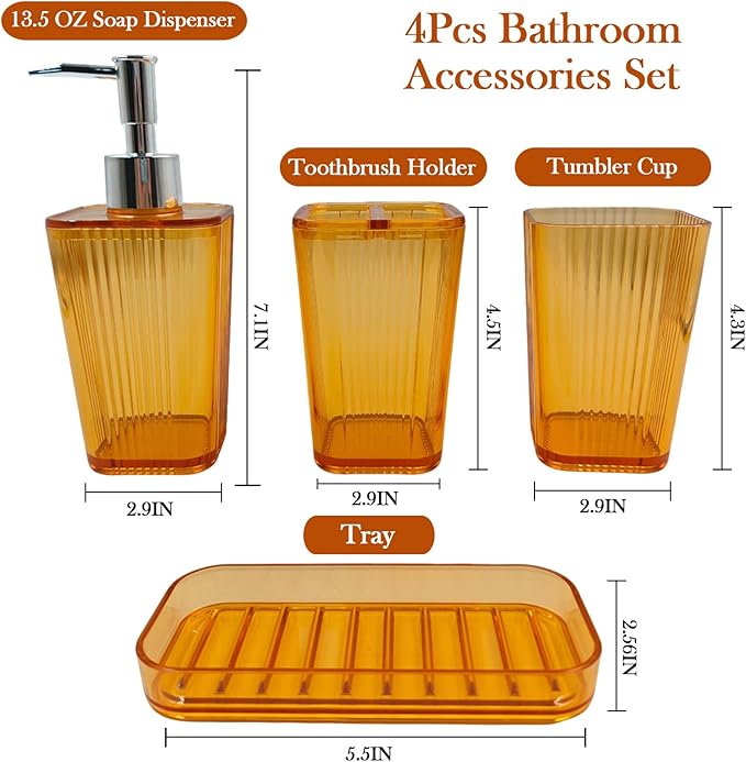 4 Pcs Bathroom Accessory Set Plastic Bathroom Organizer Kit with 13.5oz Soap Dispenser Toothbrush Holder Tumbler Vanity Tray Complete Countertop Bathroom Decor Set(Orange)