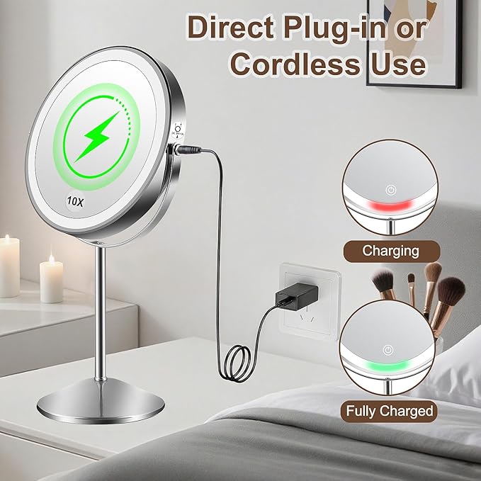 Flymiro Lighted Makeup Mirror,1x/10x Magnifying Vanity Mirror with Light,3000 mAh Rechargeable Light up Mirror,3 Colors Brightness Adjustable, 2-Sided, 8" Round,360° Rotation, Gift for Women