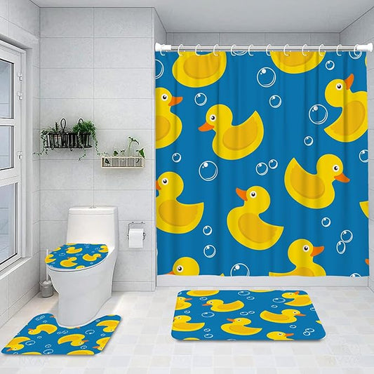 Ansouyi 4Pcs Bathroom Shower Curtain Sets with Non-Slip Rugs, Toilet Lid Cover and Bath Mat, Soap Bubbles Ducks on Blue Durable Waterproof Shower Curtain for Bathroom Set, 72x72 Inch