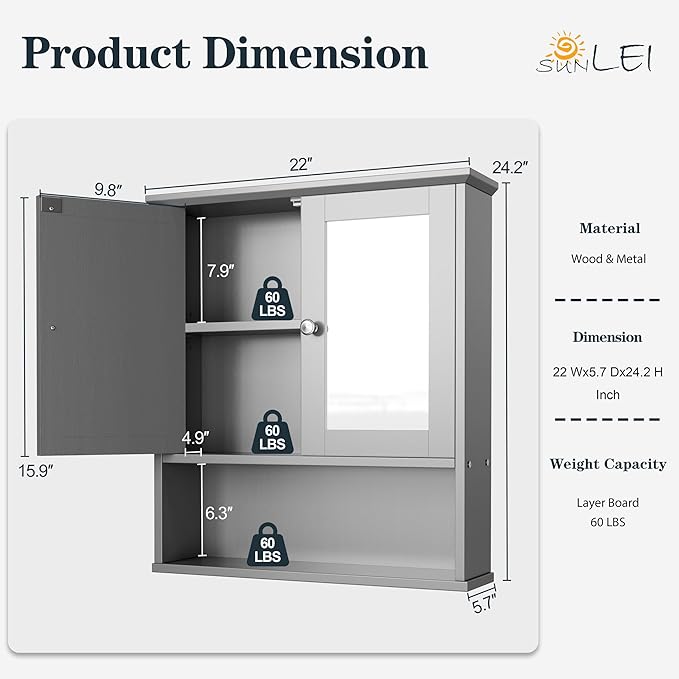 DL-win Medicine Cabinets with Mirror, Wall Mounted Bathroom Cabinet with Adjustable Shelves, Grey Storage Organizer for Toiletries, Towels & Daily Essentials