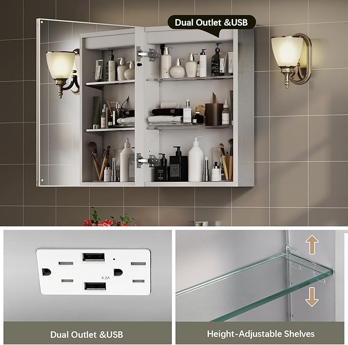 16x24 Inch Bathroom Medicine Cabinet with Mirror, Lighted Bathroom Mirror with Storage, Recessed /Surface Mount Medicine Cabinet with Socket & USB, Anti-Fog, 3 Colors Temperature, Dimmable Light