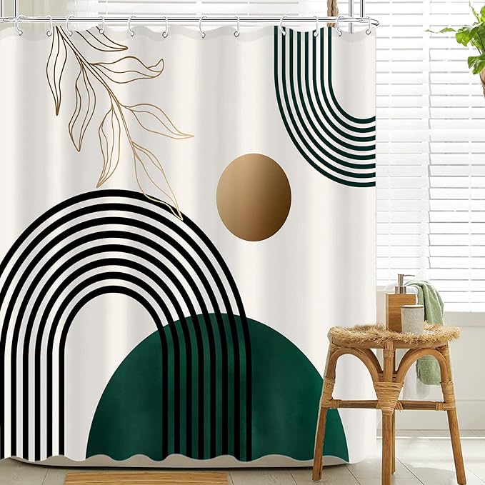 Aipon Green Mid Century Shower Curtain for Bathroom Abstract Boho Shower Curtain Modern Fabric Waterproof Shower Curtains for Bath with 12 Hooks (72'' × 84'', Green)